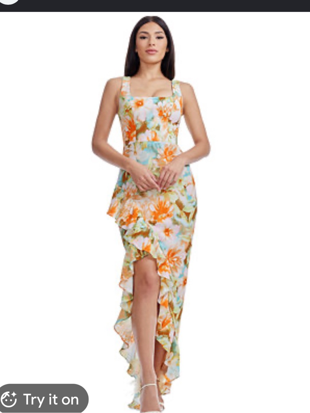 Dress the Population Orange & Mint Floral Asymmetric Ruffle Dress